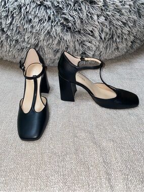 Marc Fisher Cyrene Black Leather T-Strap Block Heel Pumps Mary Jane Size 6.5
